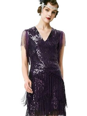 Purple Beaded Fringe V-Neck Flapper Dress